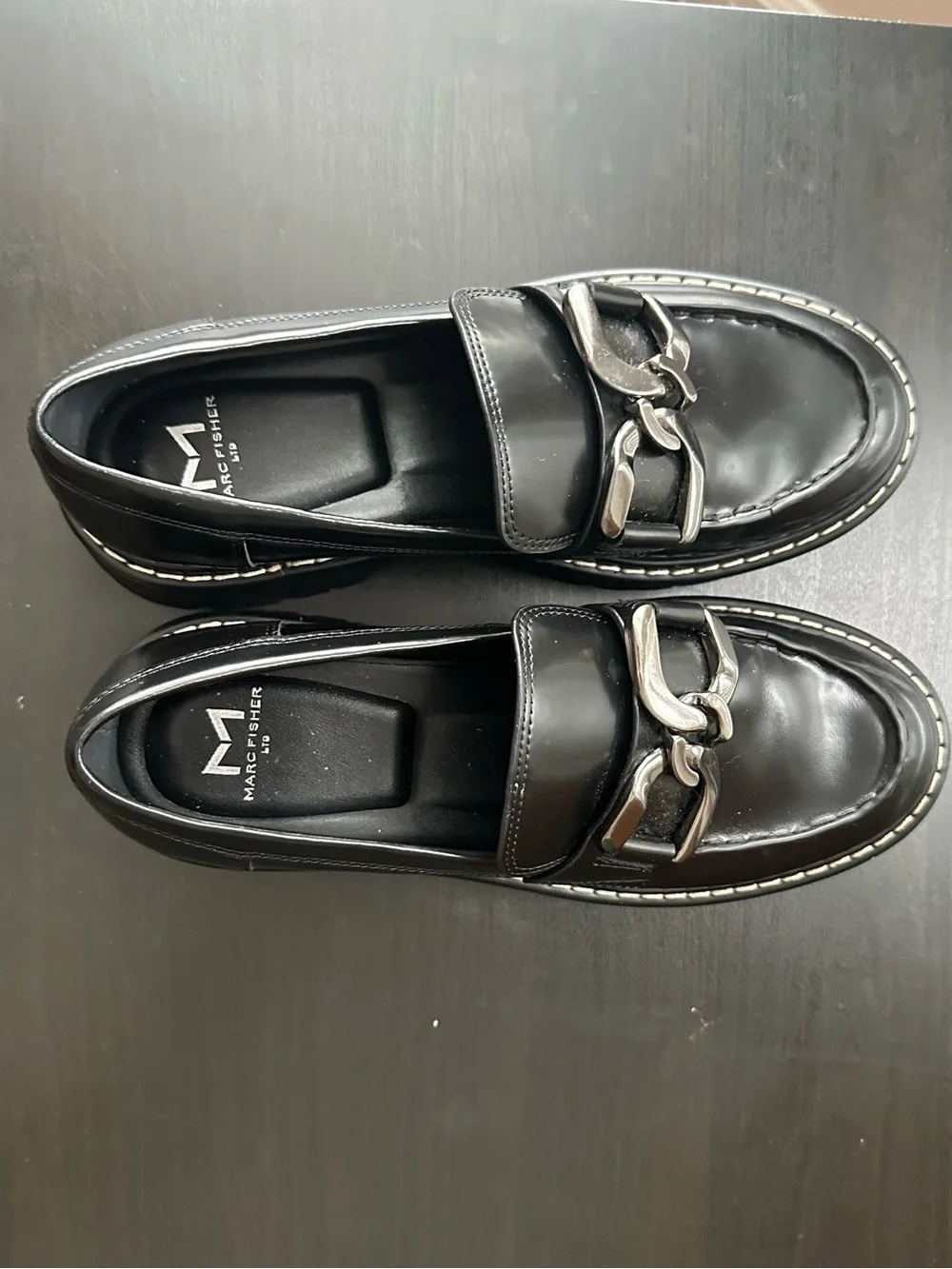 Marc Fisher Black Chunky Loafer with Silver Chain size 7.5